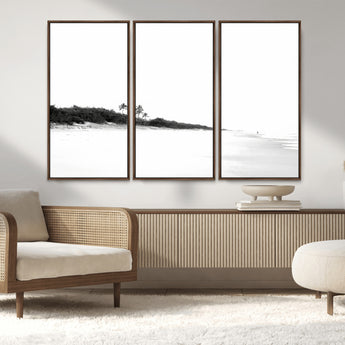 29611516-MGV-FC-48X32-3P_Walnut-Black White Beach Wall Art Canvas Print, Framed Palm Trees Art Picture Print, Monochrome Tropical Perfect Minimalist Coastal Decor