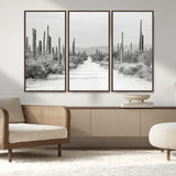 35537313-MGV-FC-48X32-3P_Walnut-Monochrome Desert Wall Art Canvas Print, Framed Cactus Path Art Picture Print, Southwestern Landscape Perfect Southwestern