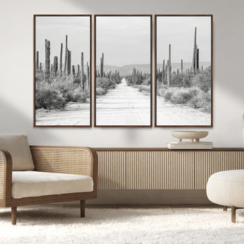 35537313-MGV-FC-48X32-3P_Walnut-Monochrome Desert Wall Art Canvas Print, Framed Cactus Path Art Picture Print, Southwestern Landscape Perfect Southwestern