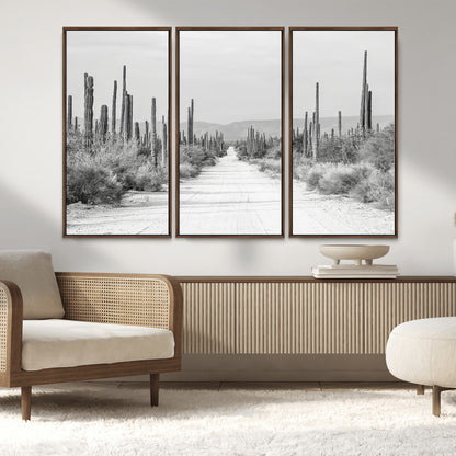 35537313-MGV-FC-48X32-3P_Walnut-Monochrome Desert Wall Art Canvas Print, Framed Cactus Path Art Picture Print, Southwestern Landscape Perfect Southwestern