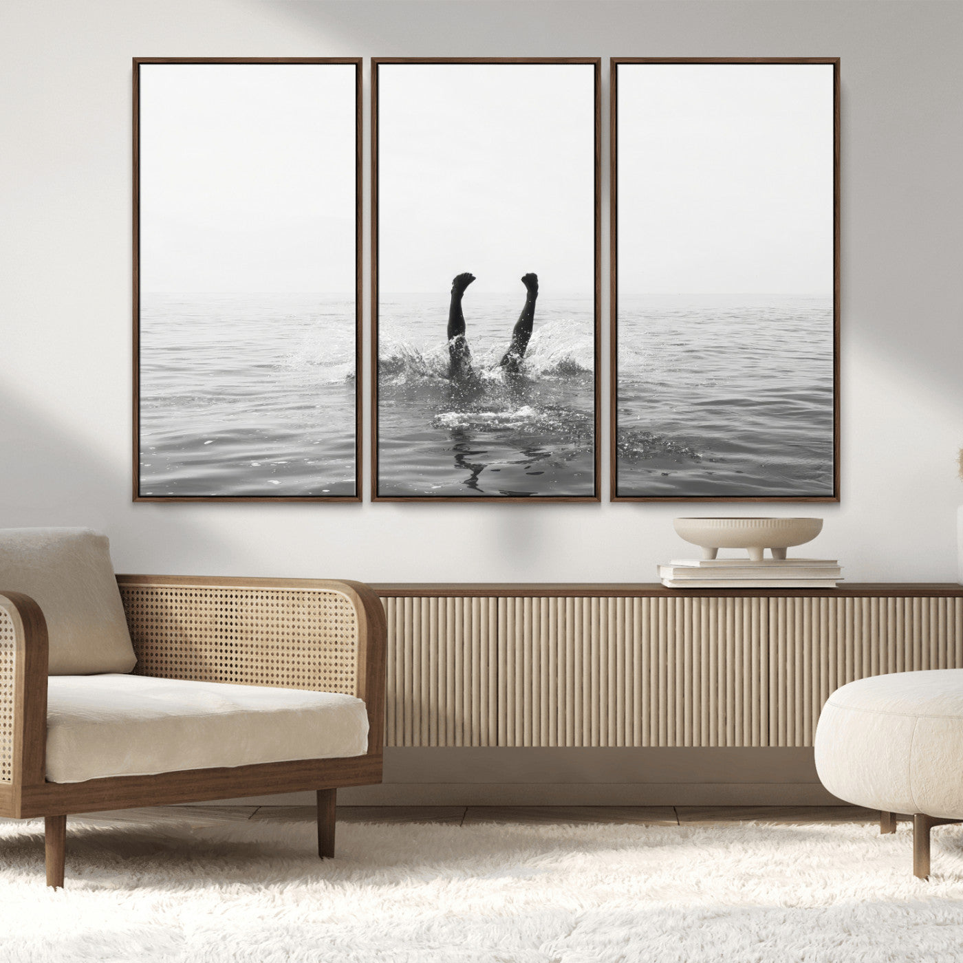 26667396-MGV-CV-36X24-Black White Ocean Wall Art Canvas Print, Framed Monochrome Water Art Picture Print, Diving into Water Perfect Minimalist Aquatic