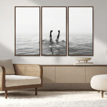 26667396-MGV-CV-36X24-Black White Ocean Wall Art Canvas Print, Framed Monochrome Water Art Picture Print, Diving into Water Perfect Minimalist Aquatic