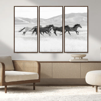 69934913-MGV-FC-48X32-3P_Walnut-Wild Horses Running Wall Art Canvas Print, Framed Black White Mustangs Art Picture Print, Rustic Western Perfect Rustic Western