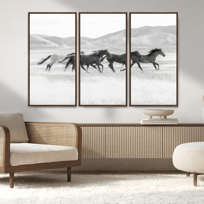 69934913-MGV-FC-48X32-3P_Walnut-Wild Horses Running Wall Art Canvas Print, Framed Black White Mustangs Art Picture Print, Rustic Western Perfect Rustic Western