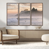 70644906-MGV-CV-36X24-Sunset Surfing Wall Art Canvas Print, Framed Misty Mountains Art Picture Print, Surfer Riding Wave Perfect Coastal Adventure Decor