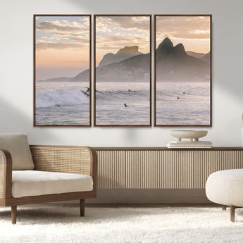 70644906-MGV-CV-36X24-Sunset Surfing Wall Art Canvas Print, Framed Misty Mountains Art Picture Print, Surfer Riding Wave Perfect Coastal Adventure Decor