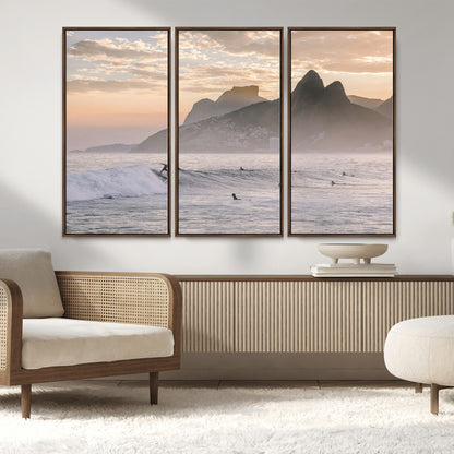 70644906-MGV-CV-36X24-Sunset Surfing Wall Art Canvas Print, Framed Misty Mountains Art Picture Print, Surfer Riding Wave Perfect Coastal Adventure Decor