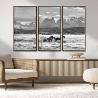 21655040-MGV-FC-48X32-3P_Walnut-Wild Horses Wall Art Canvas Print, Framed Black White Mountains Art Picture Print, Rustic Countryside Perfect Rustic Western Decor