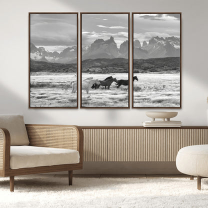21655040-MGV-FC-48X32-3P_Walnut-Wild Horses Wall Art Canvas Print, Framed Black White Mountains Art Picture Print, Rustic Countryside Perfect Rustic Western Decor