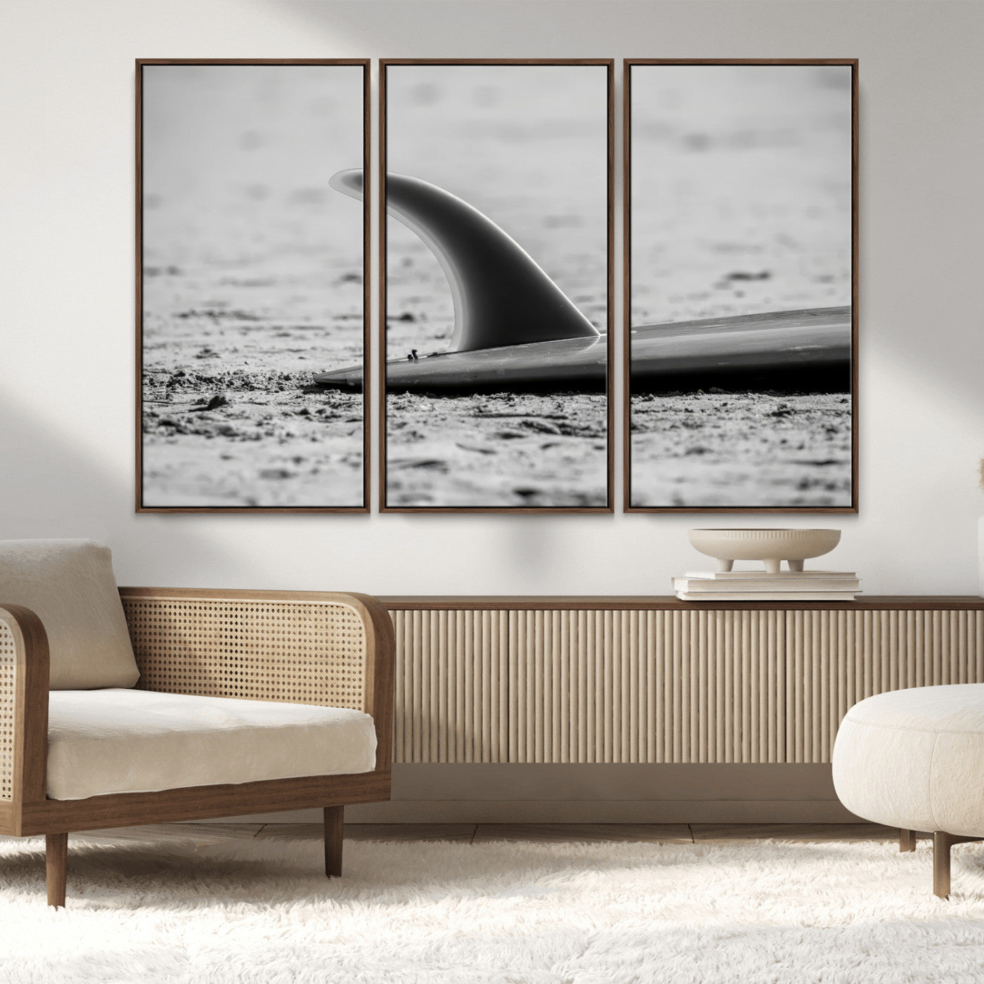 62314230-MGV-CV-36X24-Black White Surfboard Wall Art Canvas Print, Framed Minimalist Beach Art Picture Print, Surf Fin Perfect Minimalist Coastal Decor