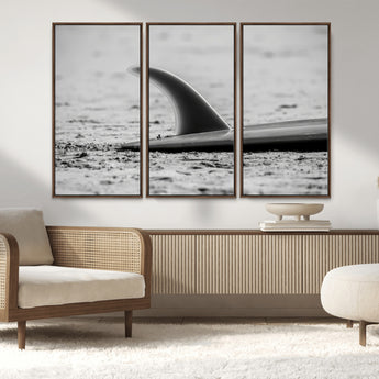 62314230-MGV-CV-36X24-Black White Surfboard Wall Art Canvas Print, Framed Minimalist Beach Art Picture Print, Surf Fin Perfect Minimalist Coastal Decor