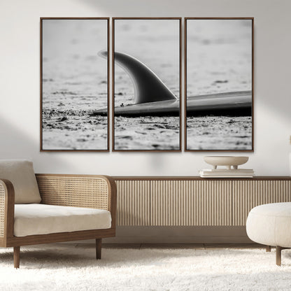62314230-MGV-CV-36X24-Black White Surfboard Wall Art Canvas Print, Framed Minimalist Beach Art Picture Print, Surf Fin Perfect Minimalist Coastal Decor