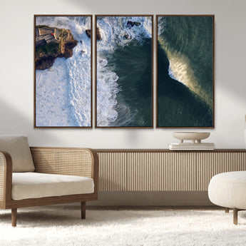 37405684-MGV-FC-48X32-3P_Walnut-Nazaré Coast Wall Art Canvas Print, Framed Aerial Ocean Art Picture Print, Coastal Fortress Perfect Dramatic Coastal Decor Artwork