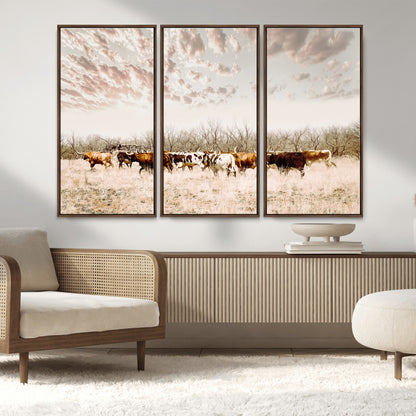 64892775-MGV-FC-48X32-3P_Walnut-Longhorn Cattle Wall Art Canvas Print, Framed Texas Ranch Art Picture Print, Western Cow Perfect Western Decor Artwork