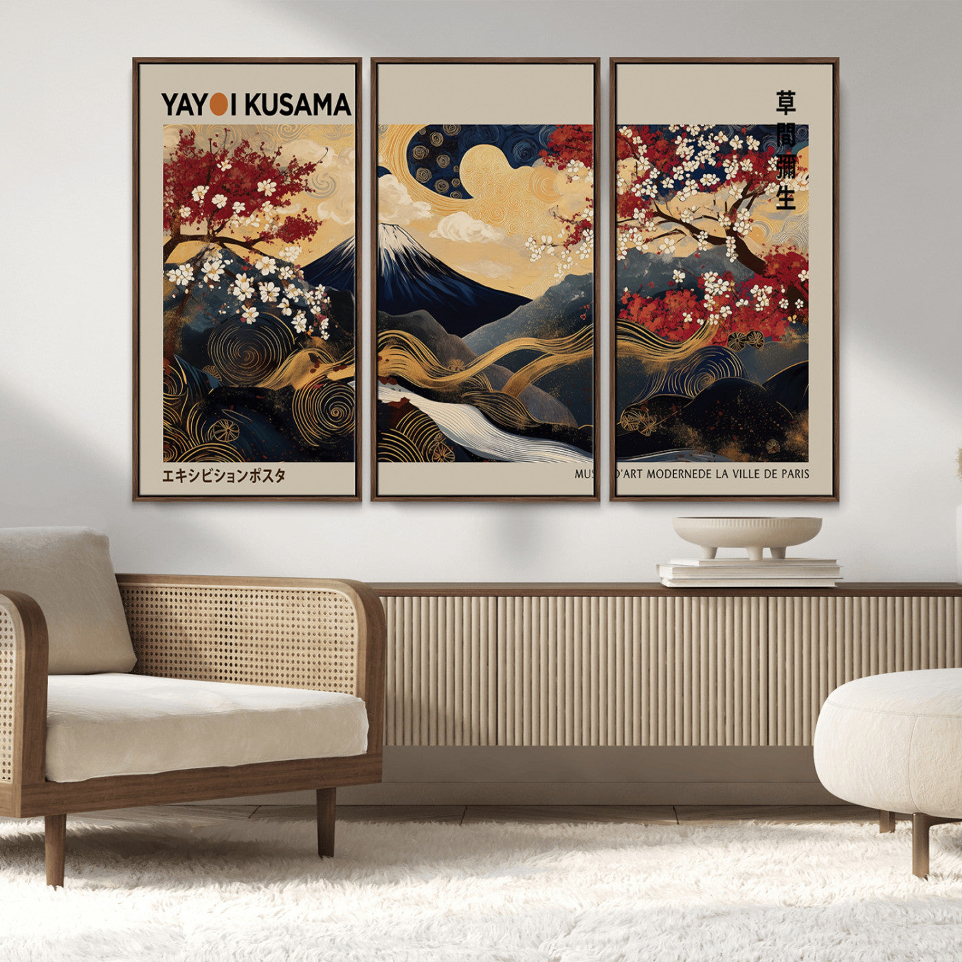 54967195-MGV-CV-36X24-Mount Fuji Wall Art – Japanese Cherry Blossom Abstract Canvas Print, Navy Gold Landscape Painting, Oriental Luxury Home Decor