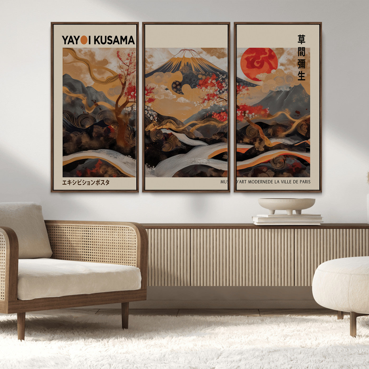 77970791-MGV-FC-48X32-3P_Walnut-Mount Fuji Golden Abstract Wall Art – Japanese Landscape Canvas Poster, Cherry Blossom & Red Sun Painting, Elegant Zen Oriental