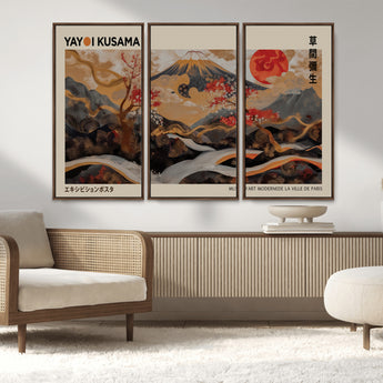 77970791-MGV-FC-48X32-3P_Walnut-Mount Fuji Golden Abstract Wall Art – Japanese Landscape Canvas Poster, Cherry Blossom & Red Sun Painting, Elegant Zen Oriental