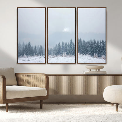 33033082-MGV-CV-36X24-Winter Forest Art Wall Art Canvas Print, Framed Snowy Landscape Art Picture Print, Misty Tree Scene Perfect Nordic Minimalist