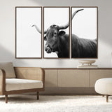 99244177-MGV-FC-48X32-3P_Walnut-Longhorn Photography Wall Art Canvas Print, Framed Western Cow Decor Art Picture Print, Black White Bull Perfect Modern Rustic