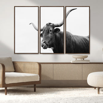 99244177-MGV-FC-48X32-3P_Walnut-Longhorn Photography Wall Art Canvas Print, Framed Western Cow Decor Art Picture Print, Black White Bull Perfect Modern Rustic