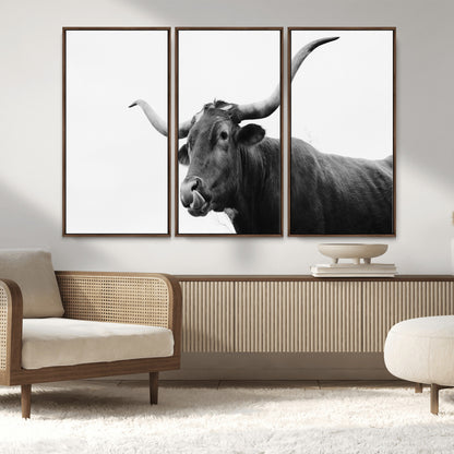 99244177-MGV-FC-48X32-3P_Walnut-Longhorn Photography Wall Art Canvas Print, Framed Western Cow Decor Art Picture Print, Black White Bull Perfect Modern Rustic