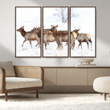 68738684-MGV-FC-48X32-3P_Walnut-Winter Elk Scene Wall Art Canvas Print, Framed Wildlife Photography Art Picture Print, Snowy Deer Decor Perfect Rustic Lodge Decor
