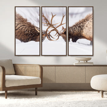 36507609-MGV-CV-36X24-Elk Clash Scene Wall Art Canvas Print, Framed Wildlife Strength Decor Art Picture Print, Snowy Forest Elk Perfect Rustic Lodge
