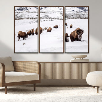 13891210-MGV-CV-36X24-Bison Herd Scene Wall Art Canvas Print, Framed Western Wildlife Decor Art Picture Print, Snowy Mountain Valley Perfect Rustic