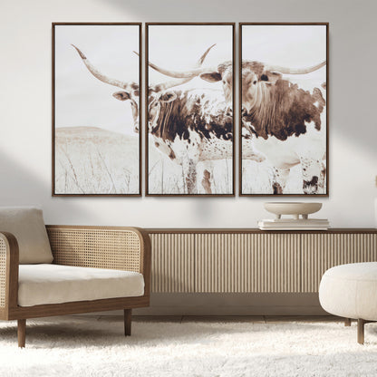 48161868-MGV-CV-36X24-Longhorn Cow Decor Wall Art Canvas Print, Framed Rustic Cattle Art Picture Print, Sepia Western Vibe Perfect Neutral Rustic