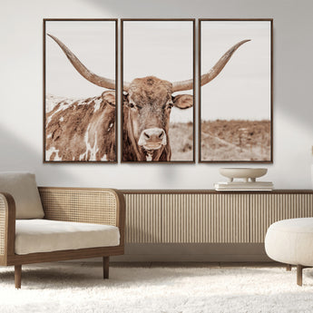 77810049-MGV-CV-36X24-Longhorn Bull Photo Wall Art Canvas Print, Framed Rustic Cow Decor Art Picture Print, Neutral Farmhouse Style Perfect Rustic