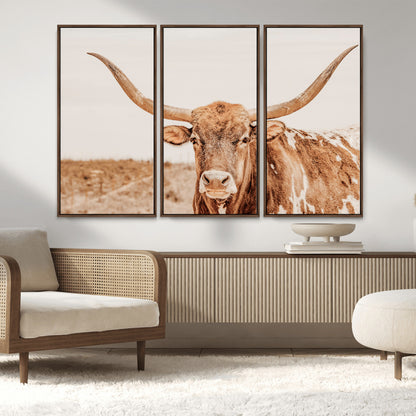 74406977-MGV-CV-36X24-Longhorn Bull Decor Wall Art Canvas Print, Framed Western Cow Theme Art Picture Print, Rustic Farmhouse Wall Perfect Neutral