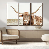 98924580-MGV-FC-48X32-3P_Walnut-Texas Longhorn Bull Wall Art Canvas Print, Framed Rustic Farmhouse Decor Art Picture Print, Western Animal Theme Perfect Rustic