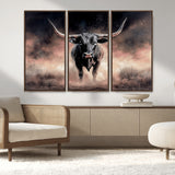 71457818-MGV-FC-48X32-3P_Walnut-Longhorn Wall Art Wall Art Canvas Print, Framed Western Bull Canvas Art Picture Print, Rustic Cow Decor Perfect Western Dramatic