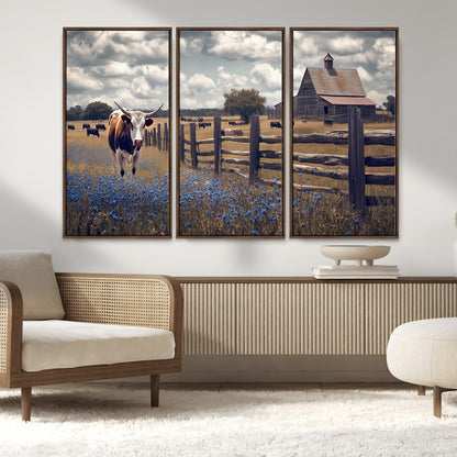 22296025-MGV-FC-48X32-3P_Walnut-Texas Longhorn Canvas Wall Art Canvas Print, Framed Rustic Barn Wall Art Art Picture Print, Farmhouse Cow Decor Perfect Rustic