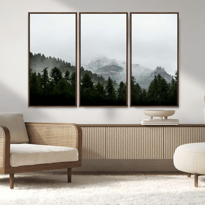 55968349-MGV-CV-36X24-Misty Mountains Wall Art Canvas Print, Framed Foggy Forest Art Picture Print, Snowy Peaks Perfect Moody Wilderness Decor Artwork