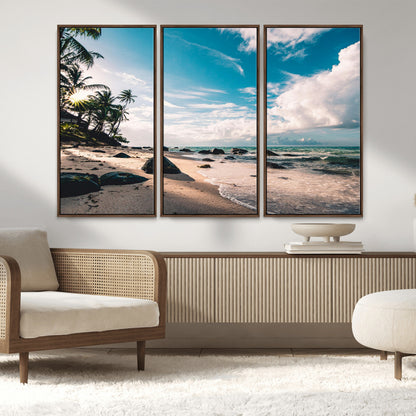 95301406-MGV-FC-48X32-3P_Walnut-Tropical Beach Wall Art Canvas Print, Framed Ocean Waves Art Picture Print, Relazxing Seascape Perfect Tropical Coastal Decor