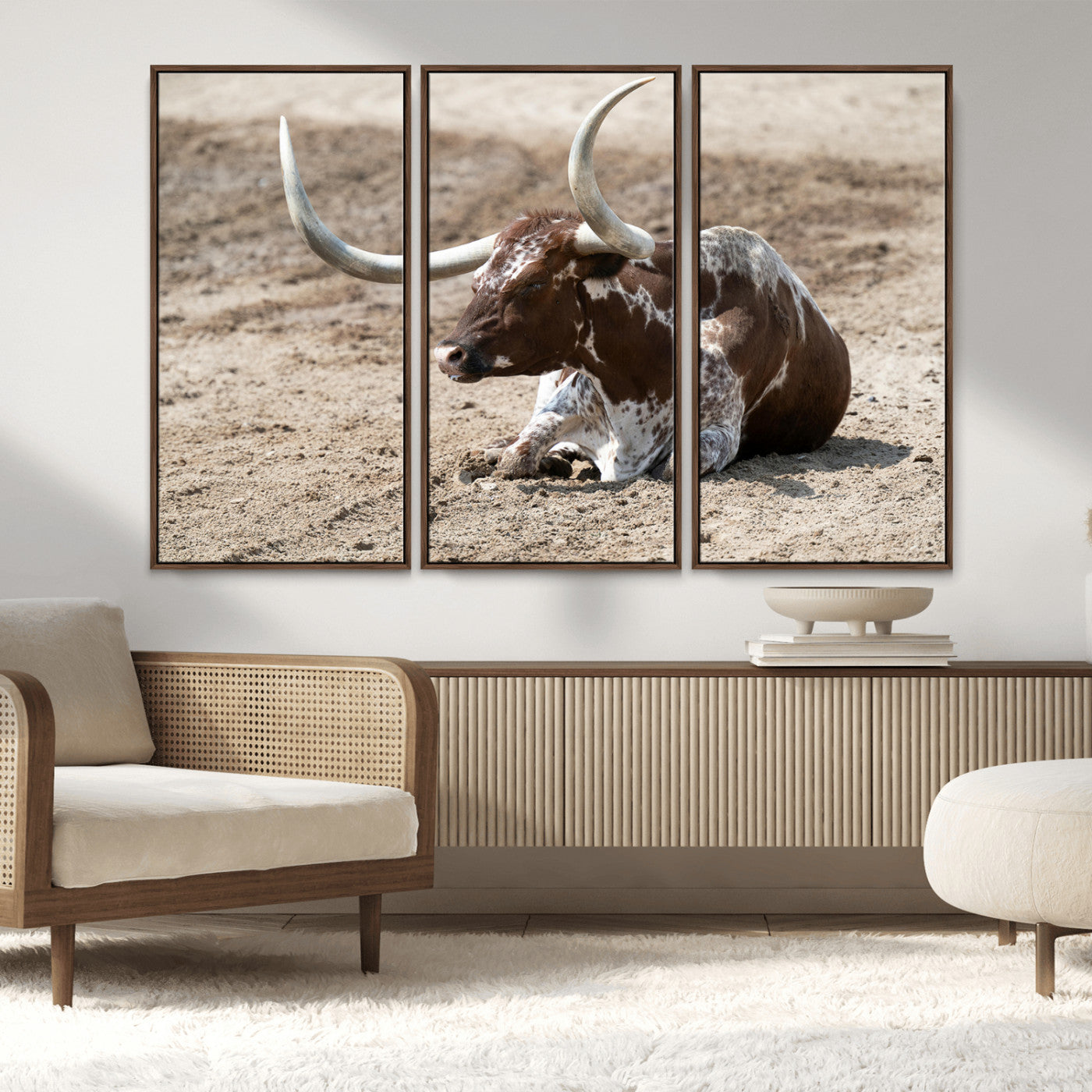 76549210-MGV-FC-48X32-3P_Walnut-Texas Longhorn Wall Art Canvas Print, Framed Country Living Art Picture Print, Farmhouse Aesthetic Perfect Western Rustic Decor