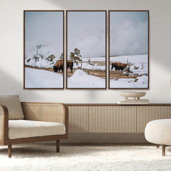 60308289-MGV-CV-36X24-Bison Wildlife Wall Art Canvas Print, Framed Snowy Prairie Art Picture Print, Western Landscape Perfect Rustic Winter Decor