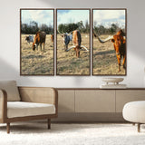 39144651-MGV-FC-48X32-3P_Walnut-Texas Longhorns Wall Art Canvas Print, Framed Rustic Farm Scene Art Picture Print, Western Cattle Perfect Rustic Farmhouse Decor
