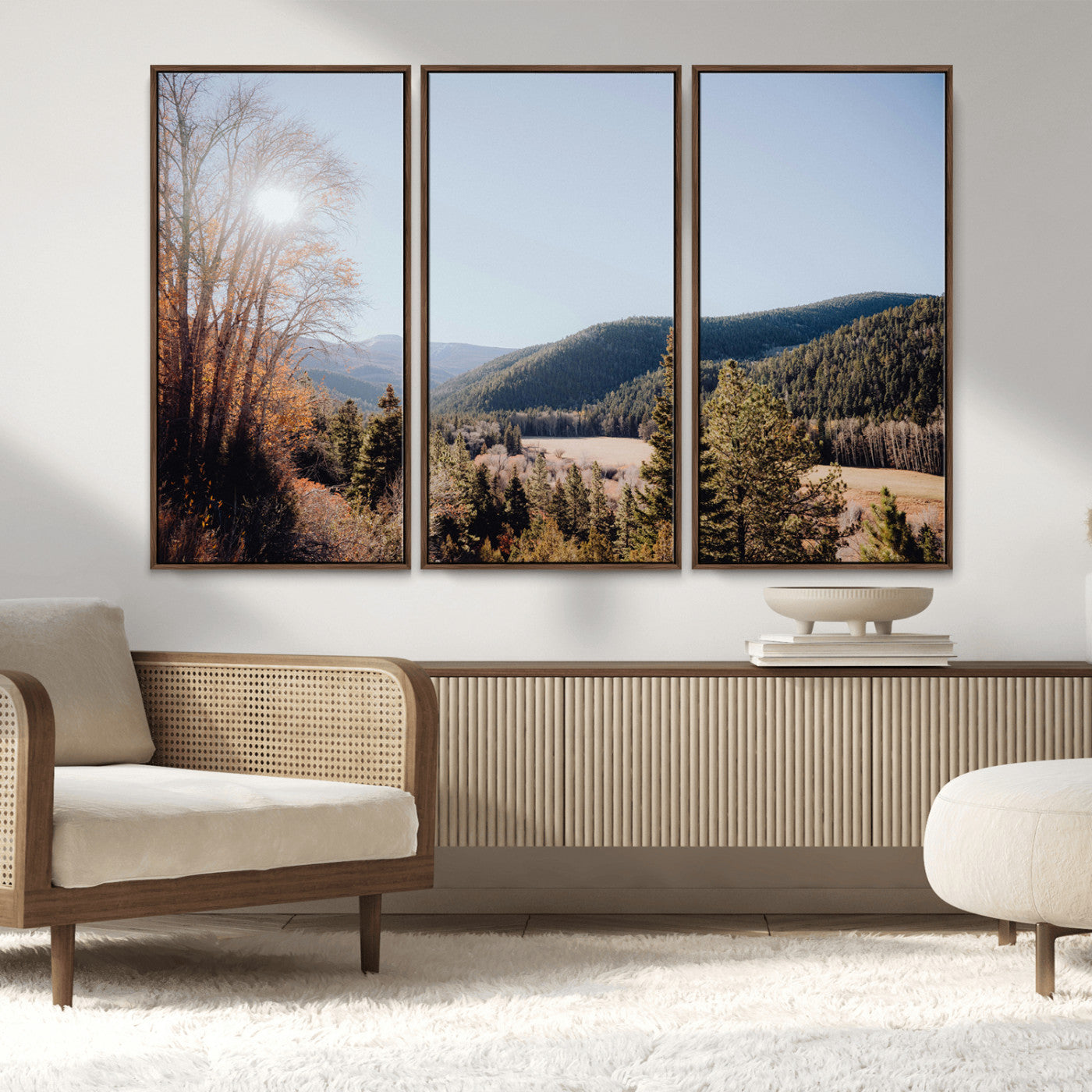 52941305-MGV-FC-48X32-3P_Walnut-Rustic Landscape Wall Art Canvas Print, Framed Serene Valley Art Picture Print, Pine Tree Horizon Perfect Rustic Cabin Decor
