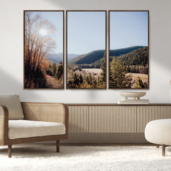 52941305-MGV-FC-48X32-3P_Walnut-Rustic Landscape Wall Art Canvas Print, Framed Serene Valley Art Picture Print, Pine Tree Horizon Perfect Rustic Cabin Decor
