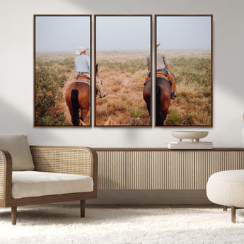 54943176-MGV-FC-48X32-3P_Walnut-Cowboy Wall Art Wall Art Canvas Print, Framed Western Canvas Art Picture Print, Rustic Ranch Scene Perfect Rustic Western Decor