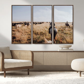 22431577-MGV-CV-36X24-Western Wall Art Wall Art Canvas Print, Framed Cowboy Canvas Art Picture Print, Cattle Drive Scene Perfect Rustic Western Decor