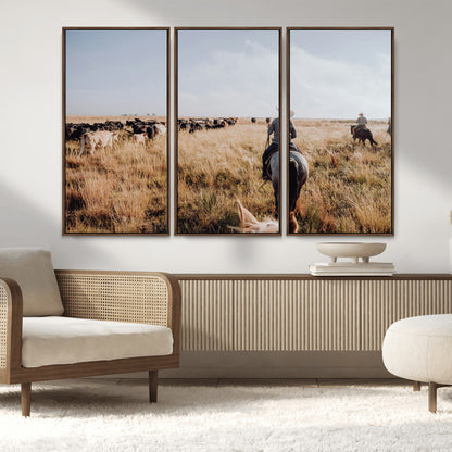 22431577-MGV-CV-36X24-Western Wall Art Wall Art Canvas Print, Framed Cowboy Canvas Art Picture Print, Cattle Drive Scene Perfect Rustic Western Decor