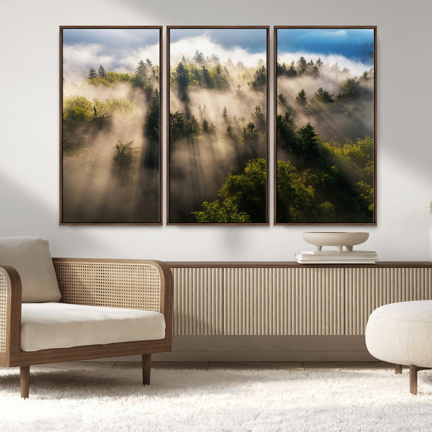 14785710-MGV-CV-36X24-Tranquil Forest Scene Wall Art Canvas Print, Framed Sunbeam Through Trees Art Picture Print, Moody Green Wall Art Perfect