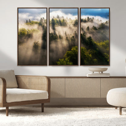 14785710-MGV-CV-36X24-Tranquil Forest Scene Wall Art Canvas Print, Framed Sunbeam Through Trees Art Picture Print, Moody Green Wall Art Perfect