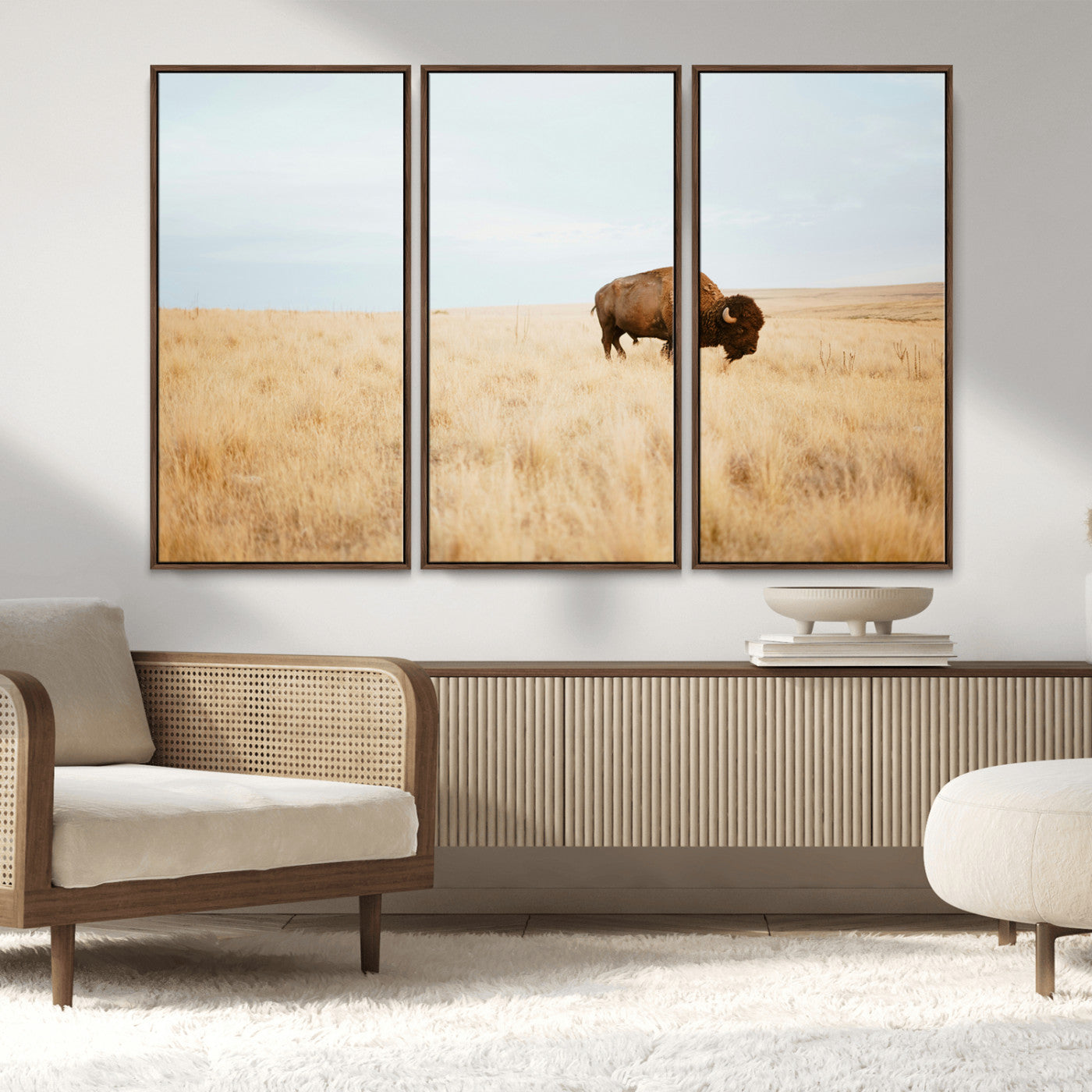 61392510-MGV-FC-48X32-3P_Walnut-Buffalo Wall Art Wall Art Canvas Print, Framed Western Wildlife Decor Art Picture Print, Rustic Farmhouse Art Perfect Rustic