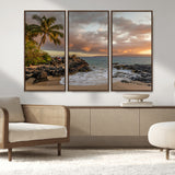 55108220-MGV-FC-48X32-3P_Walnut-Tropical Beach Wall Art Canvas Print, Framed Hawaiian Sunset Art Picture Print, Ocean Waves Perfect Coastal Tropical Decor Artwork