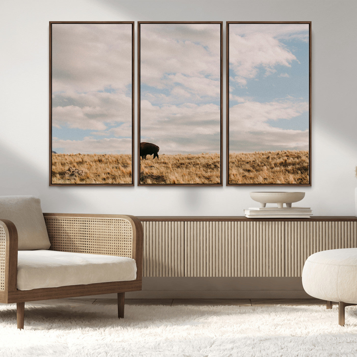 22754563-MGV-FC-48X32-3P_Walnut-Earthy Tones Wall Art Canvas Print, Framed Rustic Nature Art Picture Print, Solitary Buffalo Perfect Western Minimalist Decor