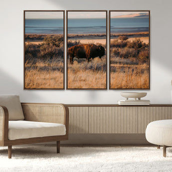 39509187-MGV-CV-36X24-Western Wildlife Wall Art Canvas Print, Framed Bison Art Picture Print, Golden Hour Perfect Western Rustic Decor Artwork